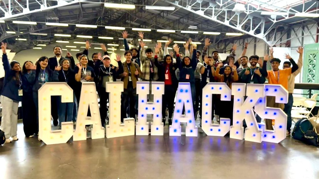 CalHacks 12.0 Fetch.ai track winners celebrating behind the CALHACKS letters