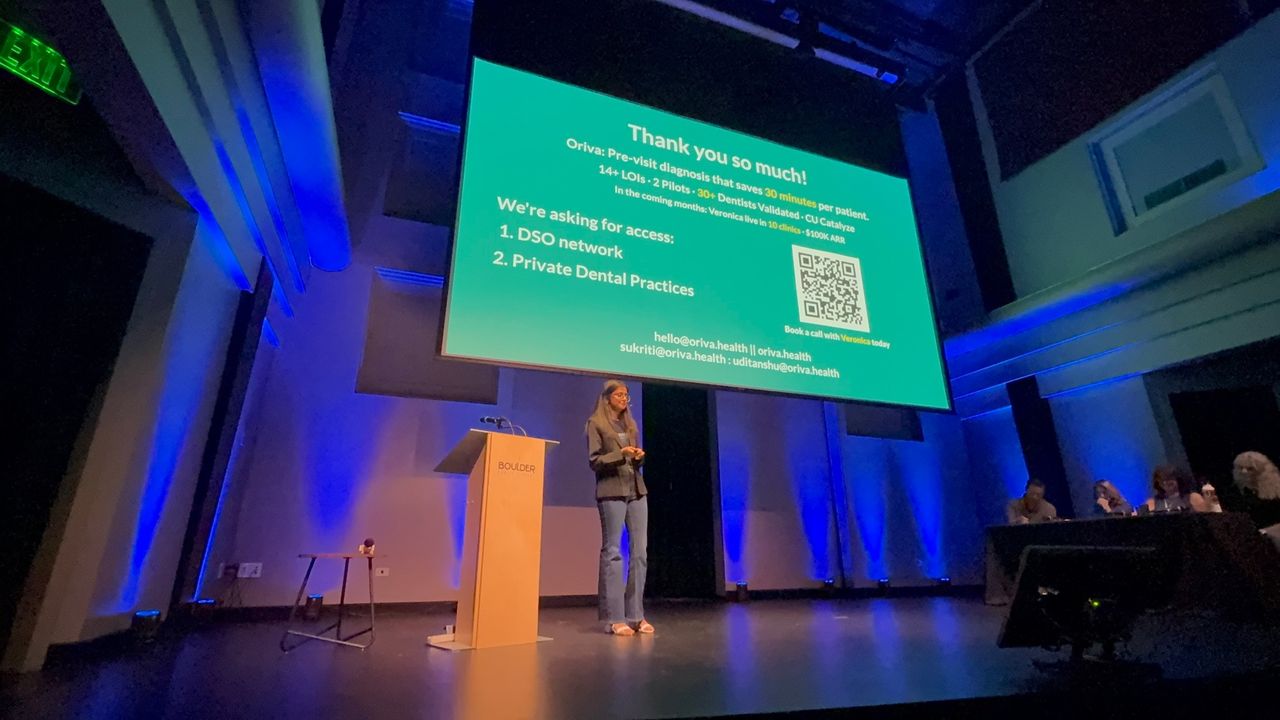 Sukriti pitching Oriva Health on stage as a Boulder Startup Week finalist